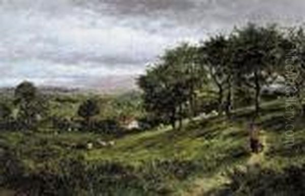 Figures On A Path With Sheep And Cottages Beyond Oil Painting by Benjamin Williams Leader