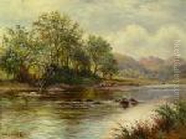 A River Landscape Oil Painting by Benjamin Williams Leader