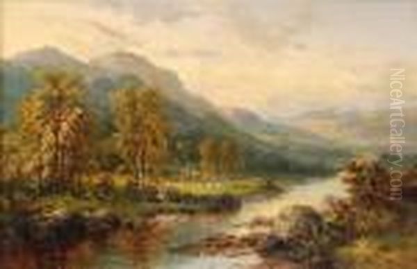 On Theriver Bank Oil Painting by Benjamin Williams Leader