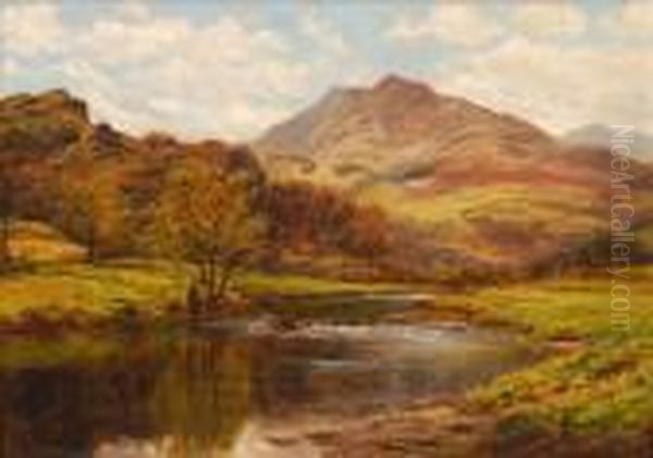 Fishing Ariver With A Mountainous Landscape Beyond Oil Painting by Benjamin Williams Leader