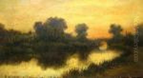 River Landscape At Sunset; Oil Painting by Benjamin Williams Leader