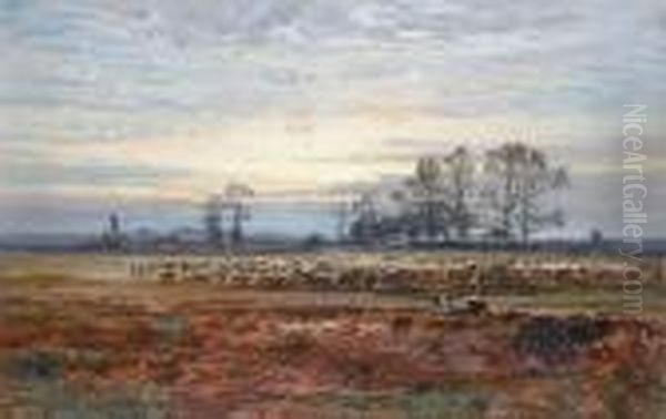 Shepherd And Flock In A Field Oil Painting by Benjamin Williams Leader