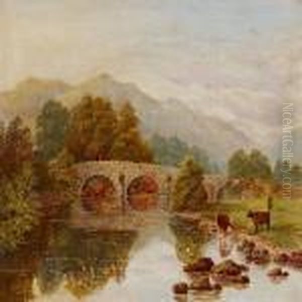 Landscapewith Stone Bridge Oil Painting by Benjamin Williams Leader