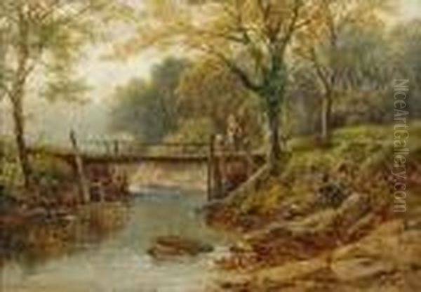 A Fisherman On A Bridge In The Dolgellau Valley Oil Painting by Benjamin Williams Leader