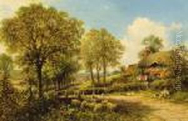 Spring Cottage With Shepherd And Flock Oil Painting by Benjamin Williams Leader