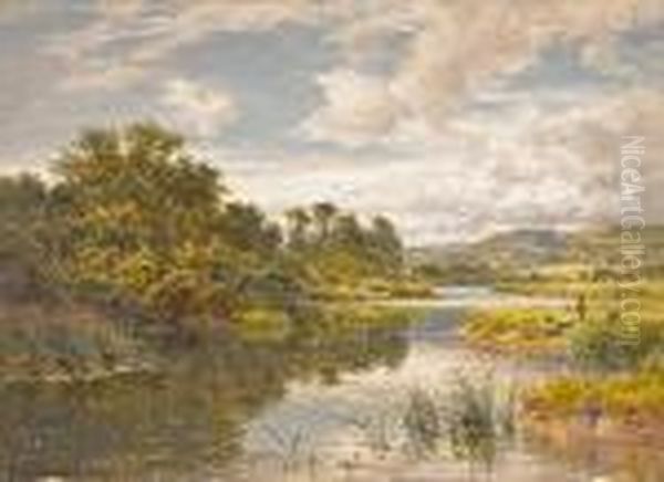 A Verdant River Landscape With Figures On Thebank Oil Painting by Benjamin Williams Leader