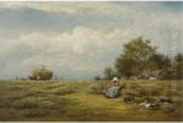 An English Hayfield Oil Painting by Benjamin Williams Leader