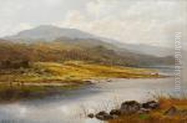 Cattle By A Shore, Possibly Capel Curig Oil Painting by Benjamin Williams Leader