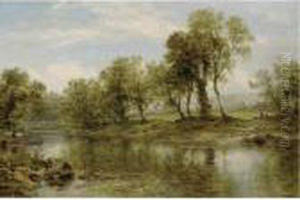 Figures Resting By A Riverbank Oil Painting by Benjamin Williams Leader