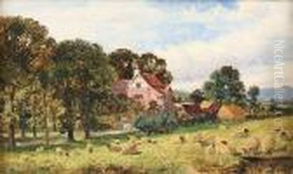 Sheep Grazing In A Meadow Before A Manor House Oil Painting by Benjamin Williams Leader