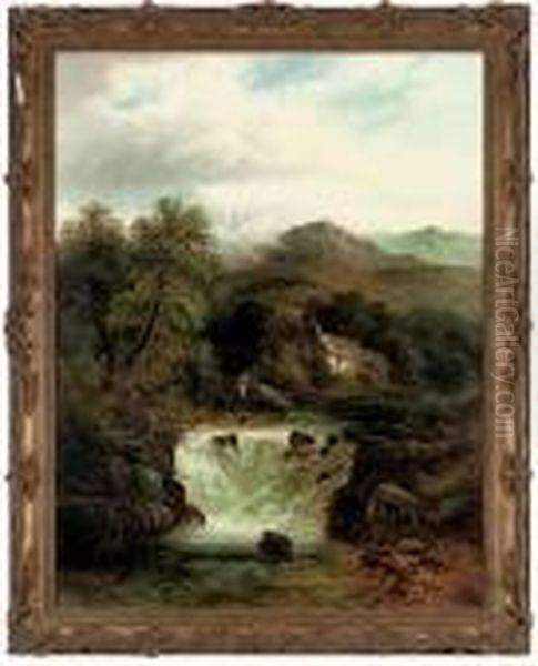 A Woman Beside A Waterfall Oil Painting by Benjamin Williams Leader