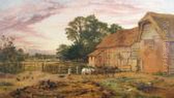 An Extensive Farmyard View Oil Painting by Benjamin Williams Leader