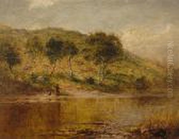 A Welsh River With Fisherman Oil Painting by Benjamin Williams Leader