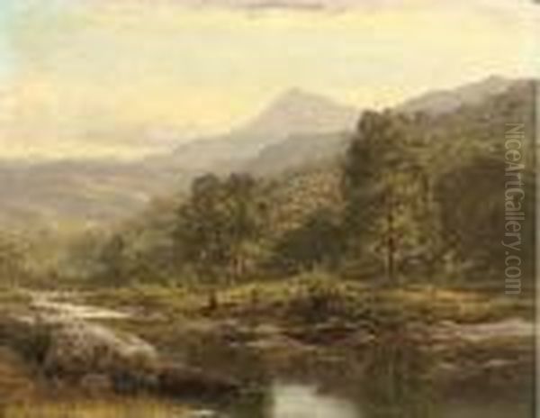 An Island On The Llugwy, Capel Curig, With An Angler Oil Painting by Benjamin Williams Leader