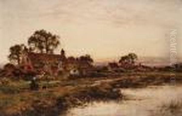 Figures Walking Beside A River At Sunset Oil Painting by Benjamin Williams Leader