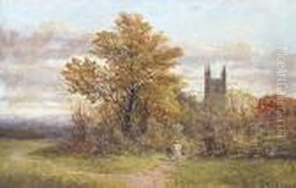 Figures Leaving Church On An Autumn Day Oil Painting by Benjamin Williams Leader