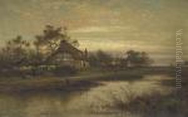 Worcestershire Cottage Homes, Evening Oil Painting by Benjamin Williams Leader