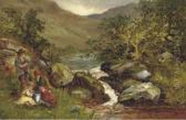 An Angling Party On A River Bank Oil Painting by Benjamin Williams Leader