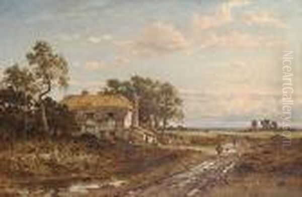 A Worcestershire Roadside Cottage Oil Painting by Benjamin Williams Leader