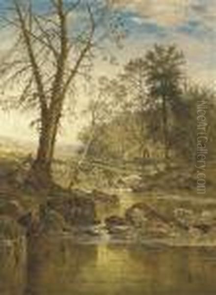 A Sunny Stream - Beardon, Dartmoor Oil Painting by Benjamin Williams Leader