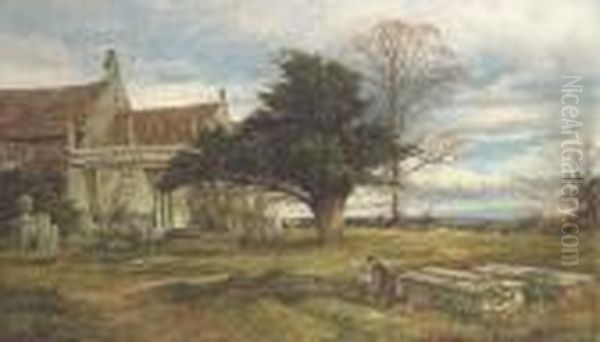 An English Country Churchyard: Autumn Oil Painting by Benjamin Williams Leader