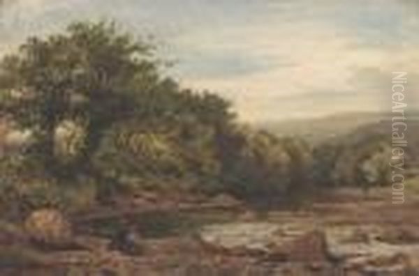 Figures By A River, Thought To Be Llugwy, North Wales Oil Painting by Benjamin Williams Leader