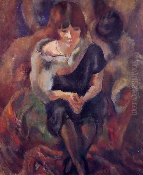 Lucy Wearing aa Fake Fur Oil Painting by Jules Pascin