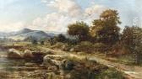 Travelers Resting By A River In A Mountainous Landscape Oil Painting by Benjamin Williams Leader