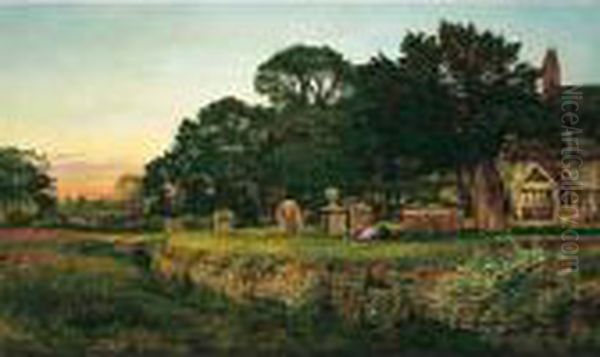 In A Country Churchyard, Wittington, Worcester Oil Painting by Benjamin Williams Leader