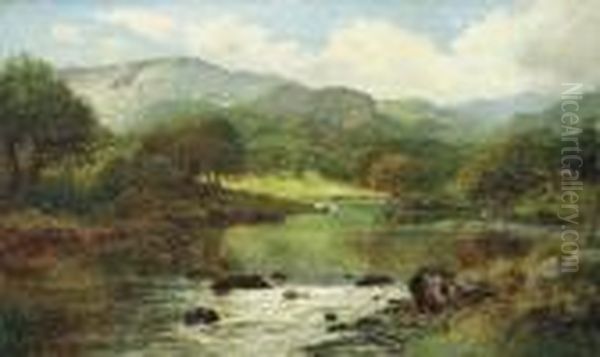 A Wooded River Landscape Oil Painting by Benjamin Williams Leader