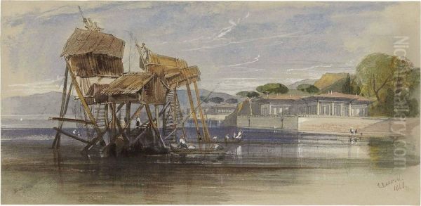 Fishermen's Houses On The Bosphorus Oil Painting by Edward Lear