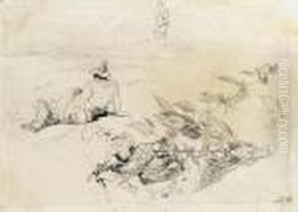 Study Of Figures And Foliage At Frascati Oil Painting by Edward Lear