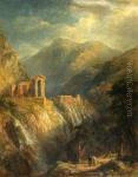 Mountain Landscape With Distant Italianate Ruins And Aqueducts Over Waterfalls Oil Painting by Edward Lear