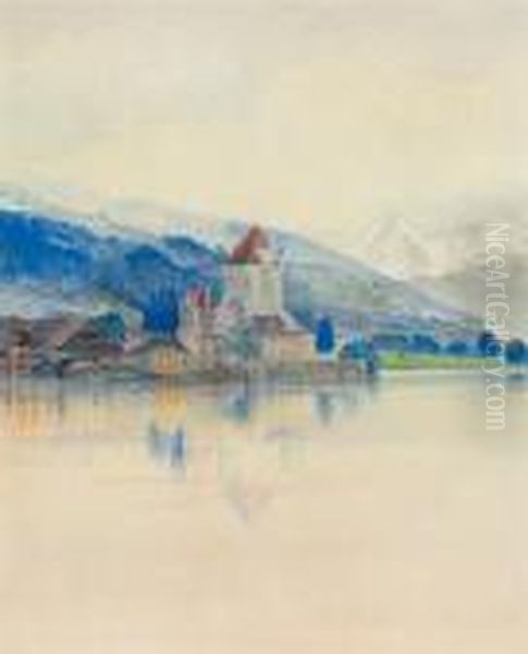 Lake Thun With The Schloss Oberhofen Oil Painting by Edward Lear