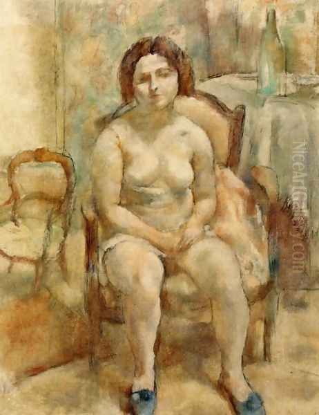 Seated Nude with Blue Slippers Oil Painting by Jules Pascin