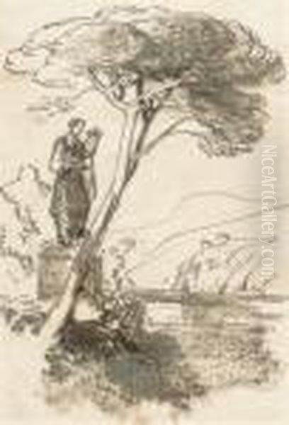 Statue Of A Muse Overlooking A Lake Surrounded By Mountains Oil Painting by Edward Lear