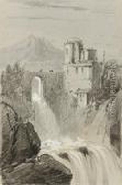 A Castle By A Waterfall With A Mountain Beyond Oil Painting by Edward Lear