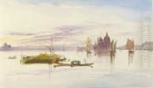 Santa Maria Della Salute From The Lagoon, Sunset Oil Painting by Edward Lear