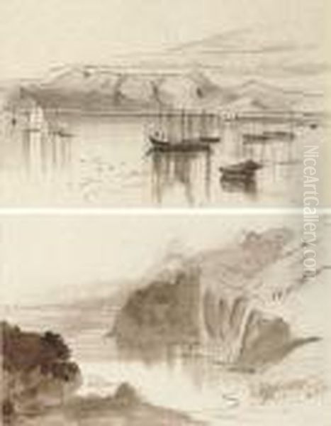 View Of Mount San Salvador, Corfu; And View Of Sant' Angelo, Corfu Oil Painting by Edward Lear