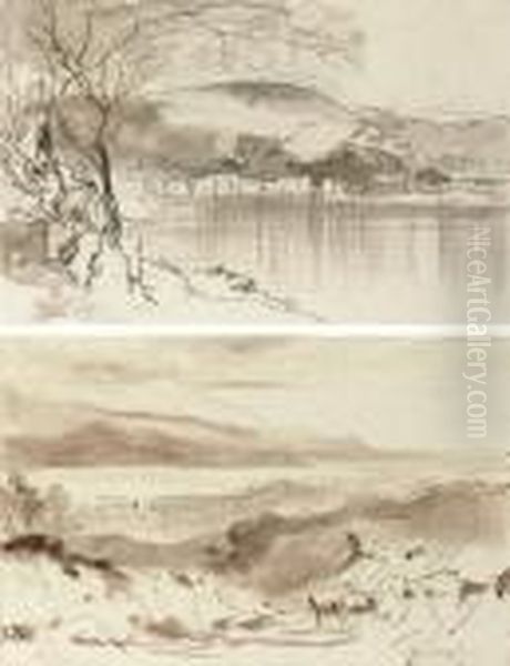 View Of The Town And Harbour, 
Gaois, Paxos; And View Of Argostoli And The Black Mountain, Cephalonia, 
Greece Oil Painting by Edward Lear