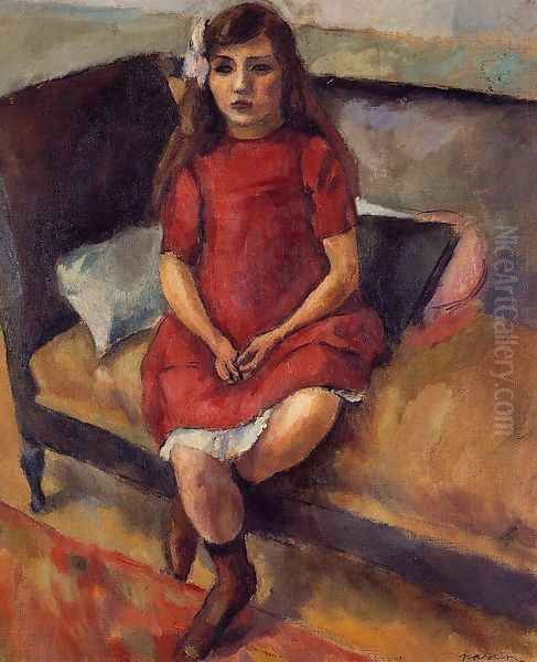 Young Girl in Red Oil Painting by Jules Pascin