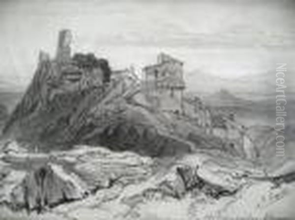 Olivano Castle, 40 Miles Fromrome Oil Painting by Edward Lear