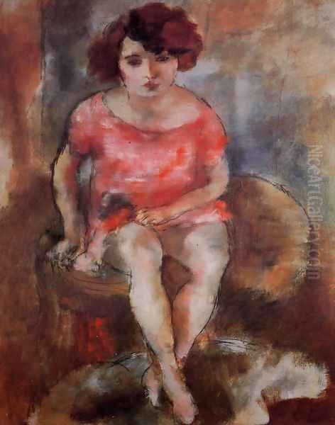 Woman in Red Oil Painting by Jules Pascin