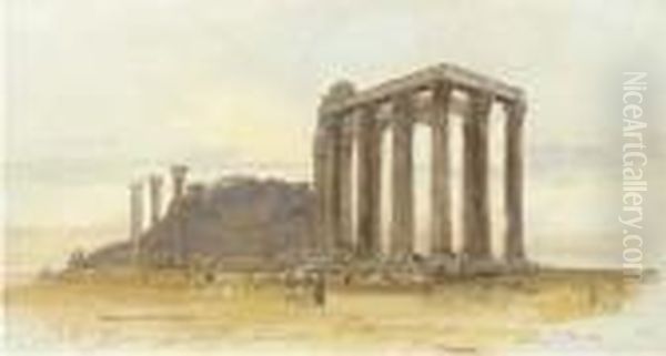 The Temple Of Olympian Zeus With The Acropolis Beyond, Athens Oil Painting by Edward Lear