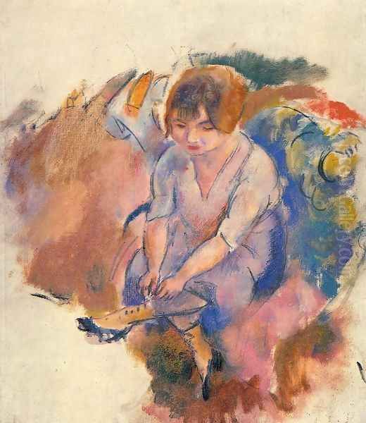 Young Woman Putting on Her Socks Oil Painting by Jules Pascin