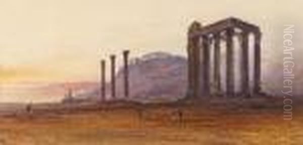 The Temple Of Olympian Zeus, With The Acropolis In The Distance,athens, Greece Oil Painting by Edward Lear