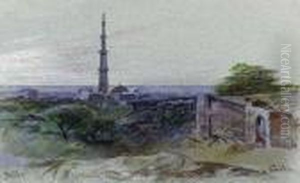 A View Of The Qutb Minar, Delhi Oil Painting by Edward Lear