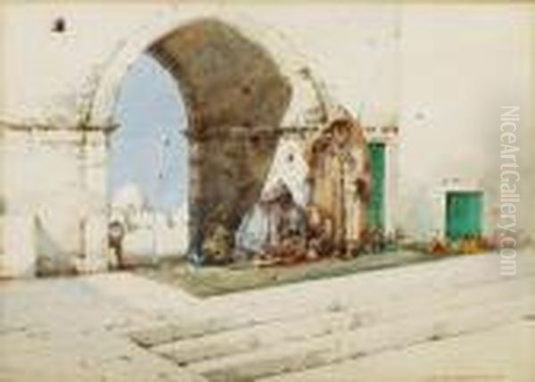 A Mosque In Algeria; An Arched Entrance To A Street Oil Painting by Noel Harry Leaver