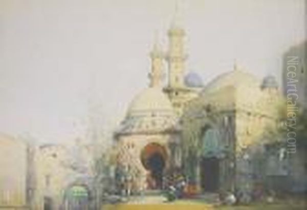 'vendors Outside An Algerian Mosque', Watercolour Oil Painting by Noel Harry Leaver