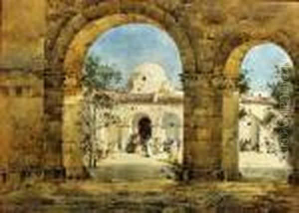 Watercolour - View Of An Eastern
 Courtyard With Two Arches Toforeground, 10ins X 14ins, Signed, In Gilt 
Moulded Frame Andglazed Oil Painting by Noel Harry Leaver